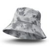 A grey tie-dye bucket hat with a wide brim, featuring a logo on the side.