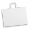 A flat, extra large white paper bag with a landscape orientation and a top handle. It has a logo on the front.