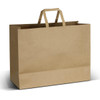 A large brown flat handle paper bag with two handles and a rectangular base. It features a simple design and branding.