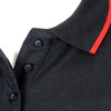 A black polo shirt with a red collar and button detail, featuring a logo on the left side.