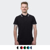 A black men's polo shirt with contrasting collar and sleeve trim, displayed on a model. Features a logo.