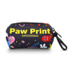 A small black pouch with colourful cartoon prints, featuring a clip and the words "Paw Print Grooming."
