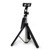 A black tripod with an adjustable phone holder and remote shutter feature.