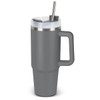 A drink bottle in grey with a transparent lid, stainless steel straw, and a handle. It features a logo.