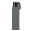 A drink bottle in a matte grey colour with a black lid and a handle. It features a logo.