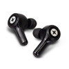 Black wireless earbuds with a sleek design and a logo on the surface.
