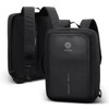 A black anti-theft backpack with adjustable straps, featuring a minimalistic design and a logo on the front.