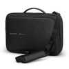 A black anti-theft backpack briefcase featuring a sleek design and an adjustable strap. It has a logo present.