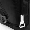 A black cooler totem pack with a silver zip and adjustable straps, featuring a utility clip for easy carrying.