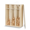 A wooden gift box with three compartments, filled with crinkled straw, featuring a rope handle.