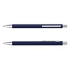 A metal pen in navy blue with silver accents and a sleek design. It features a clip and a shiny tip.