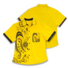 A bright yellow women's shirt with a patterned design on the front and black accents on the sleeves and collar.