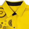 A bright yellow button-up men's shirt featuring a decorative pattern on one side and a black collar.