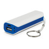 A power bank featuring a white body with blue accents, equipped with USB ports and a keychain attachment.