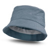 A blue corduroy bucket hat with a wide brim, featuring a lined interior and a subtle logo design.