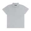 A grey women's polo shirt featuring a classic collar and three-button placket, with a branding logo.