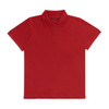 A red women's polo shirt featuring a classic collar and three-button placket, with a branding logo.