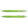 A plastic pen in bright green with silver accents and a sleek design, featuring a logo.