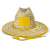 A straw hat with a wide brim, featuring a yellow band and chin strap, displayed on a white background.