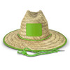 A Tiki straw hat with a wide brim, made from natural straw and featuring a bright green trim.