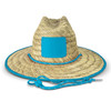 A straw Tiki hat with a wide brim and a turquoise band, featuring a plain patch on the front.