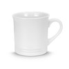 A white coffee mug with a curved handle and a smooth finish, featuring a subtle raised band around the base.