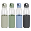 A drink bottle collection featuring four glass bottles with coloured silicone sleeves in light green, dark green, blue, and black.