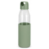 A drink bottle with a clear glass body and a matte green silicone sleeve. It features a green lid and has a logo.