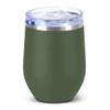 A drink bottle in matte olive green with a clear lid and a silver band, featuring a logo.