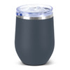 A drink bottle in matte dark grey with a clear lid and a silver rim, featuring a logo on the surface.