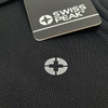 A black polo shirt featuring a subtle logo, with a tag indicating the brand Swiss Peak.