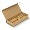 A kraft gift box containing a bamboo pen with silver accents, featuring an open cover. The box has a smooth finish.