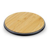 A round, bamboo wireless fast charger with a sleek black base.