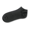 A black ankle sock with a smooth texture and a ribbed cuff, featuring a logo on the side.