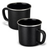 A matte black enamel mug with a silver rim and a sturdy handle, presented in a pair.