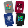 A selection of four stubby holders in various colours, each featuring different designs and a small logo.
