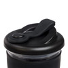 A reusable coffee cup with a snap lid in a dark color, featuring a black exterior and clear upper section.