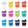 A collection of reusable coffee cups in various colors, each with a snap lid and a clear base.