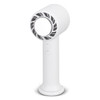 A white personal cooling fan with a sleek design and two buttons for operation. It features a circular airflow outlet.