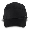 A black Swiss Peak 5 Panel Cap featuring a logo on the side, designed for headwear.