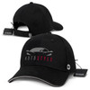 A black six-panel cap featuring a logo, with a curved brim and an adjustable strap at the back.