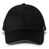 A black six-panel cap featuring a logo on the side. The cap has a curved brim and a classic design.
