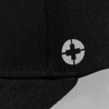 A black cap featuring a circular logo on the side. It has a six-panel design.