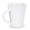 A white coffee mug with a curved handle and a smooth surface; it features a logo.