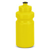 A drink bottle in bright yellow with a black push-pull cap and a smooth, rounded body. It features a logo.