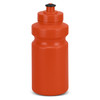 A drink bottle in bright orange with a black lid, featuring a simple, rounded design and a logo.