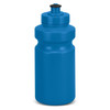 A drink bottle in bright blue, featuring a screw-on lid and a simple design. It includes a logo on the side.
