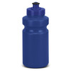 A blue drink bottle with a wide body and a black flip-top lid. It features a logo on the side.
