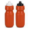 A drink bottle in orange with two cap options: one white and one black. It features a simple design and a logo.