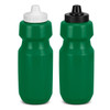 A drink bottle duo featuring green plastic design with white and black caps, each with a nozzle top.